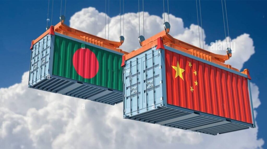 Shipping containers with China and Bangladesh flags loading onto a cargo ship